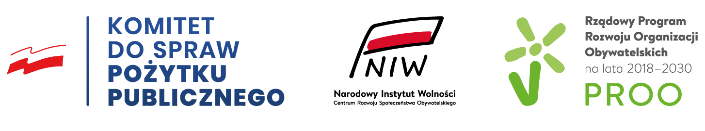 Logotypy: Komitet do spraw Pożytku Publicznego, Narodowy Instytut Wolności – Centrum Rozwoju Społeczeństwa Obywatelskiego, Rządowy Program Rozwoju Organizacji Obywatelskich PROO 2018–2030